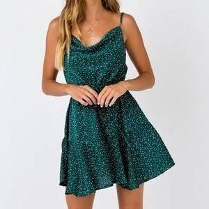 Simplee Satin Green Polka Dot Mini Dress